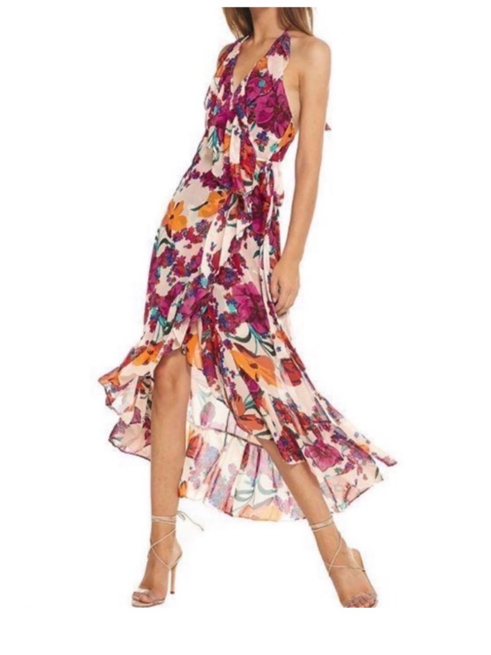 MISA High-Low Wrap Summer Dress in Magenta, Peach & Orange